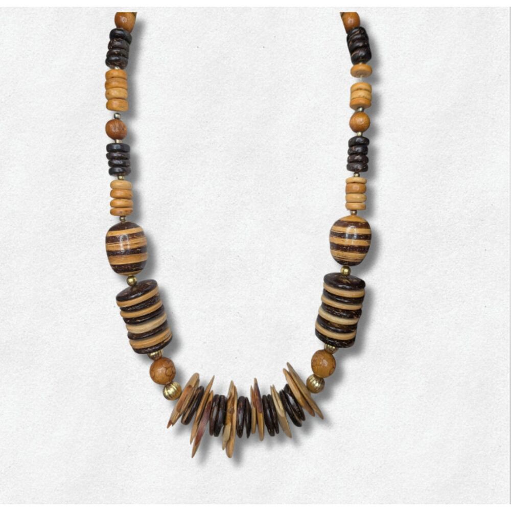 Tribal Wood Necklace 26" Boho Ethnic Statement Earthy